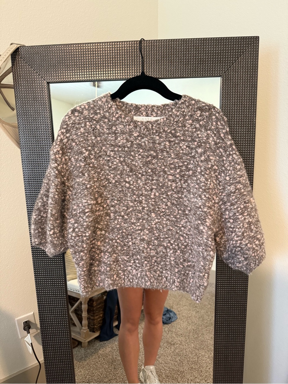 Astr Speckled Knit Crewneck Sweater in Gray and Cream
